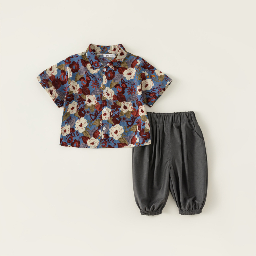 童裝男童夏裝套裝花襯衫兩件套束腳闊腿褲兒童度假港風套裝