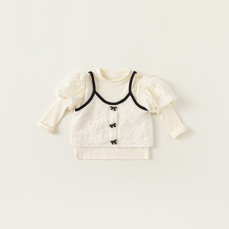 童裝新款女童上衣泡泡袖打底衫吊帶兩件套女孩子洋氣套裝秋裝