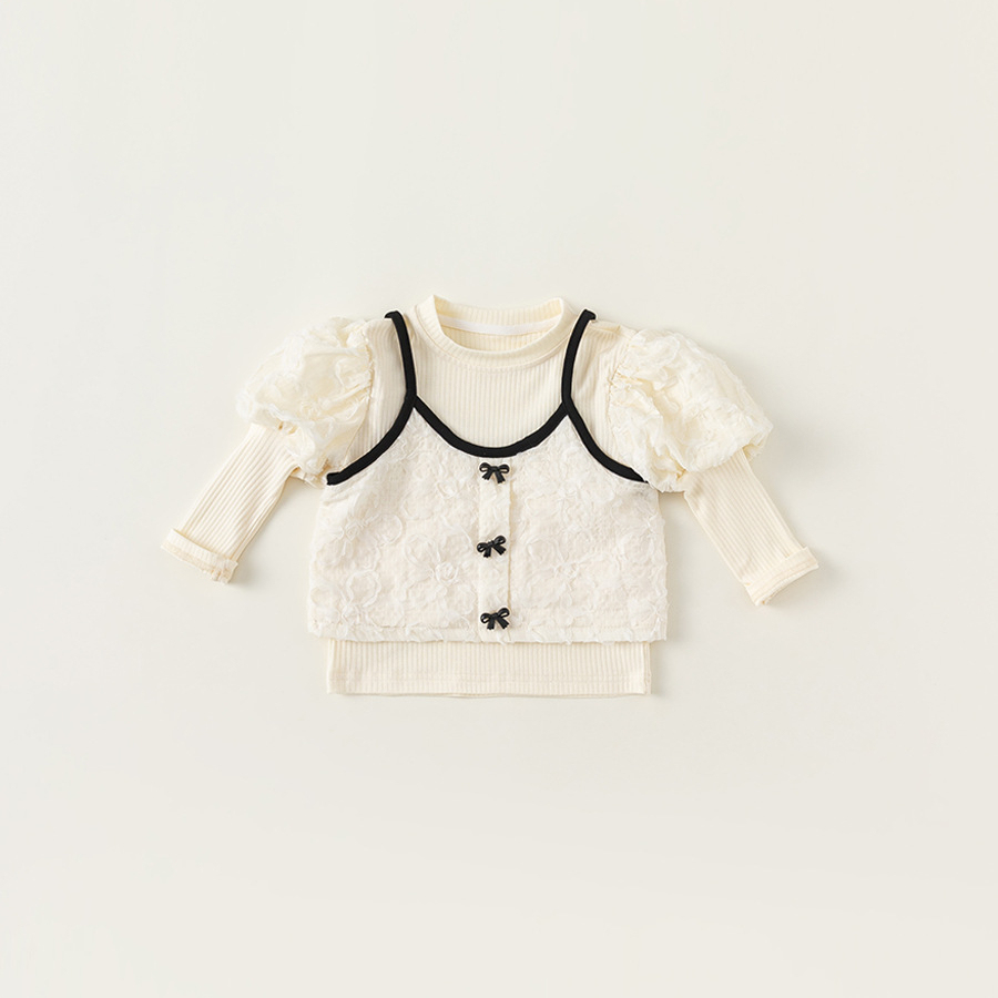 童裝新款女童上衣泡泡袖打底衫吊帶兩件套女孩子洋氣套裝秋裝