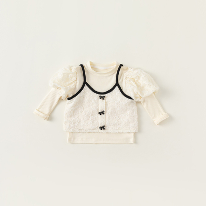 童裝新款女童上衣泡泡袖打底衫吊帶兩件套女孩子洋氣套裝秋裝