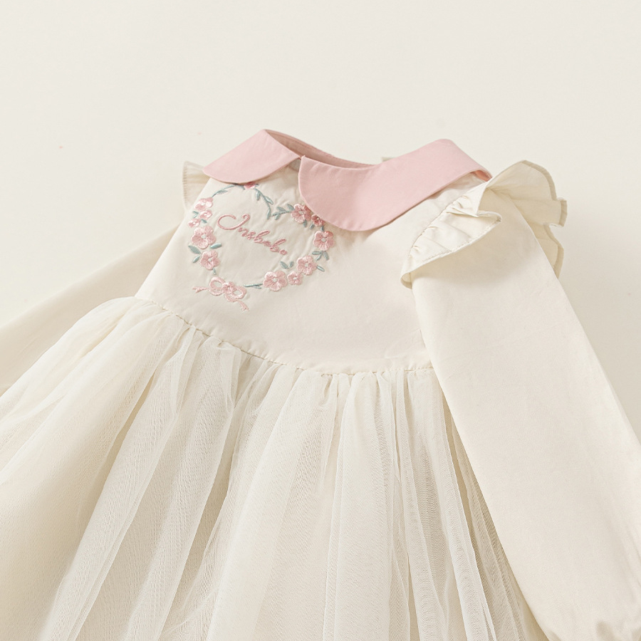 童裝女童連衣裙春季寬鬆中小童長袖網紗裙撞色娃娃領兒童裙子