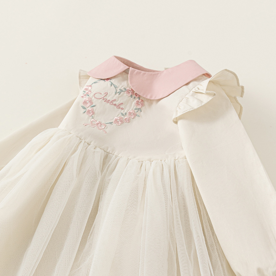 童裝女童連衣裙春季寬鬆中小童長袖網紗裙撞色娃娃領兒童裙子