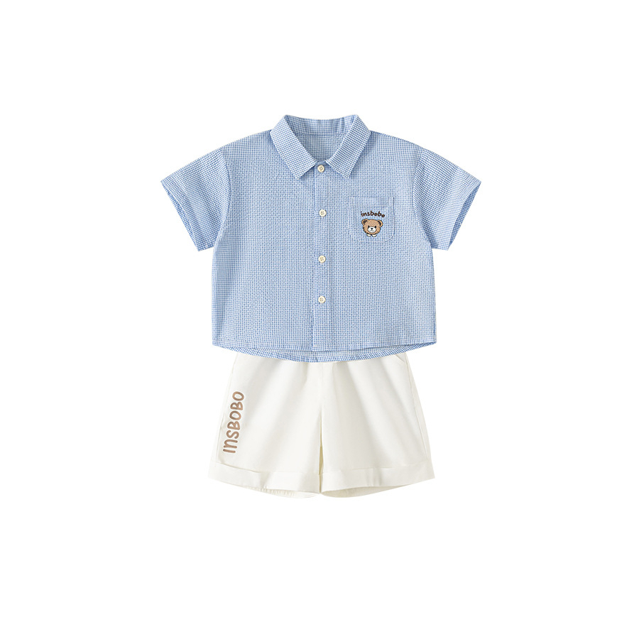 童裝夏款兒童小格子可愛印花襯衫純色印花短褲男小童兩件套