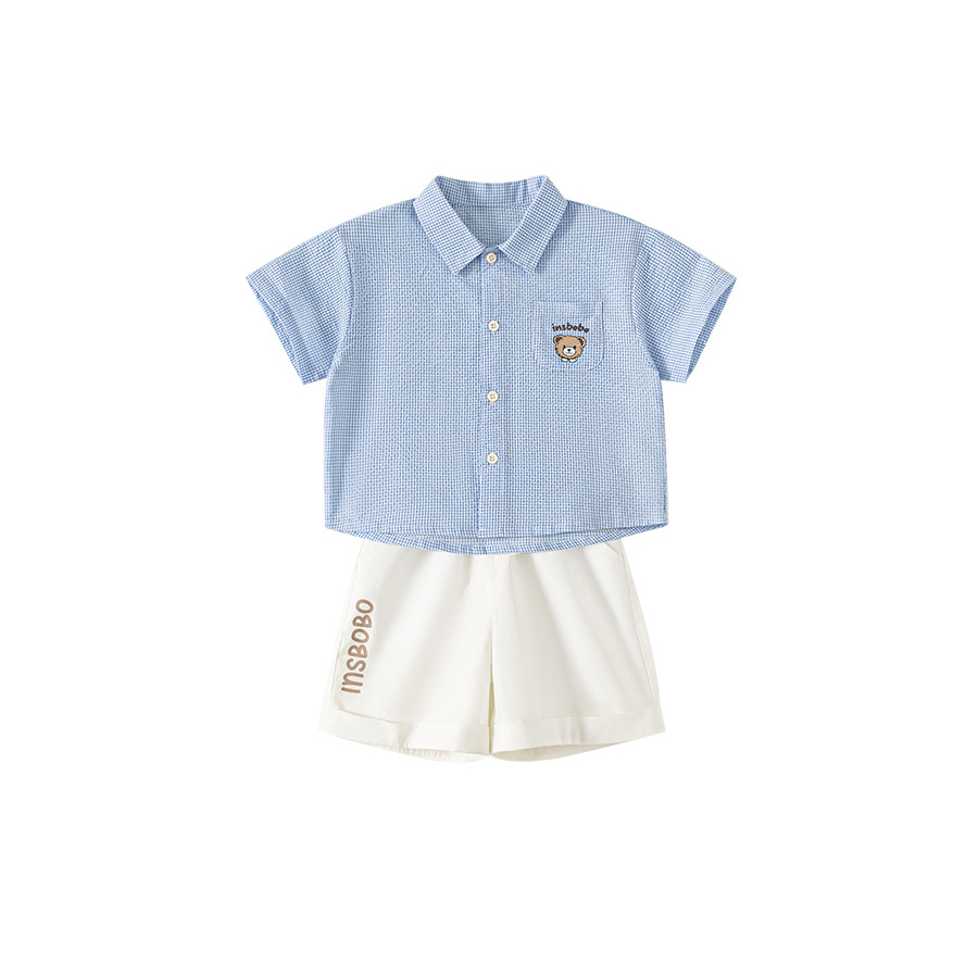 童裝夏款兒童小格子可愛印花襯衫純色印花短褲男小童兩件套