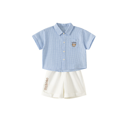 童裝夏款兒童小格子可愛印花襯衫純色印花短褲男小童兩件套