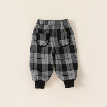 童裝兒童褲子冬季格子女童哈倫褲一體絨小童長褲男童束腳褲