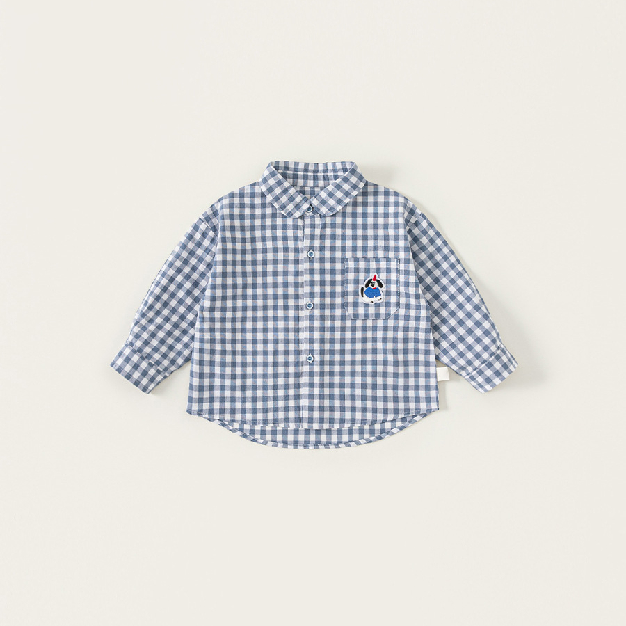 童裝秋季兒童上衣男童長袖繡花格子衫男寶寶翻領襯衣女童襯衫