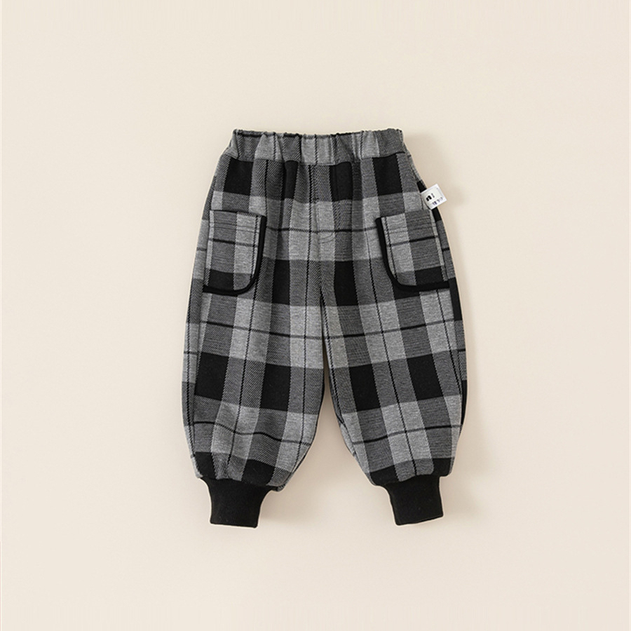童裝兒童褲子冬季格子女童哈倫褲一體絨小童長褲男童束腳褲