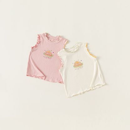 童裝兒童背心女童卡通印花無袖T夏季童裝甜美花邊上衣