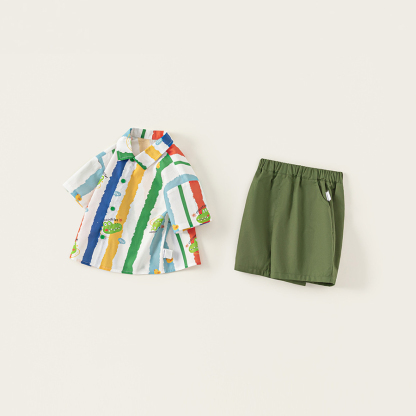 童裝休閒翻領卡通印花襯衫純色休閒短褲兩件套男童夏季套裝