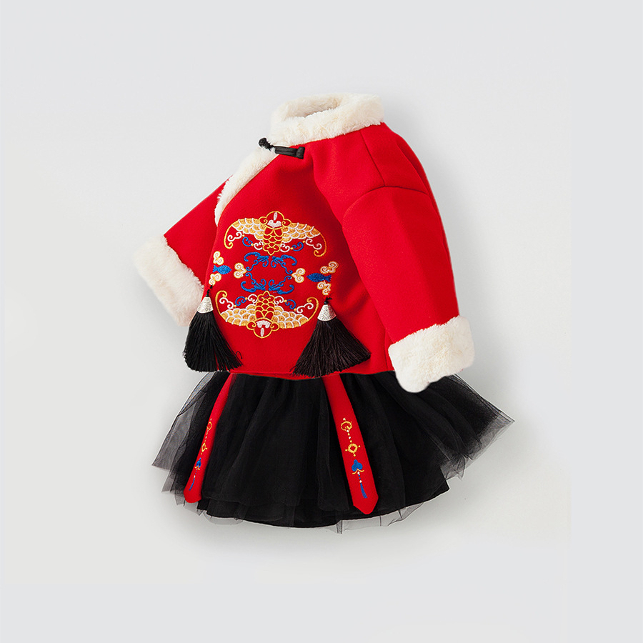 童裝兒童套裝冬季國風男女童加厚兒童新年衣服兩件套