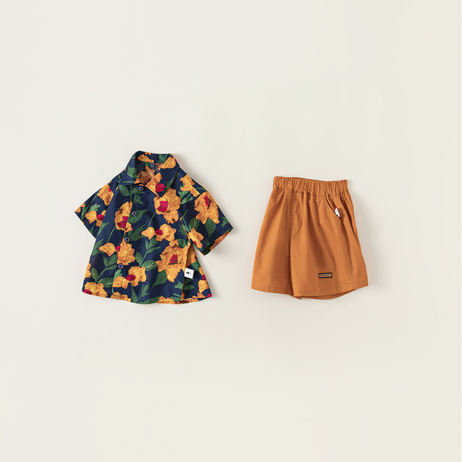 童裝男童套裝兒童碎花襯衫中褲港風復古夏裝兩件套海灘度假風