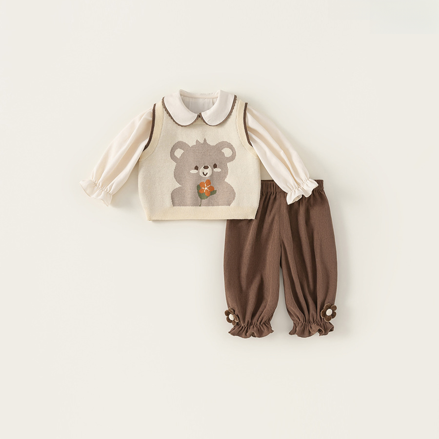 童裝女童秋裝新款套裝洋氣小熊毛衣馬甲花邊領襯衣長褲三件套