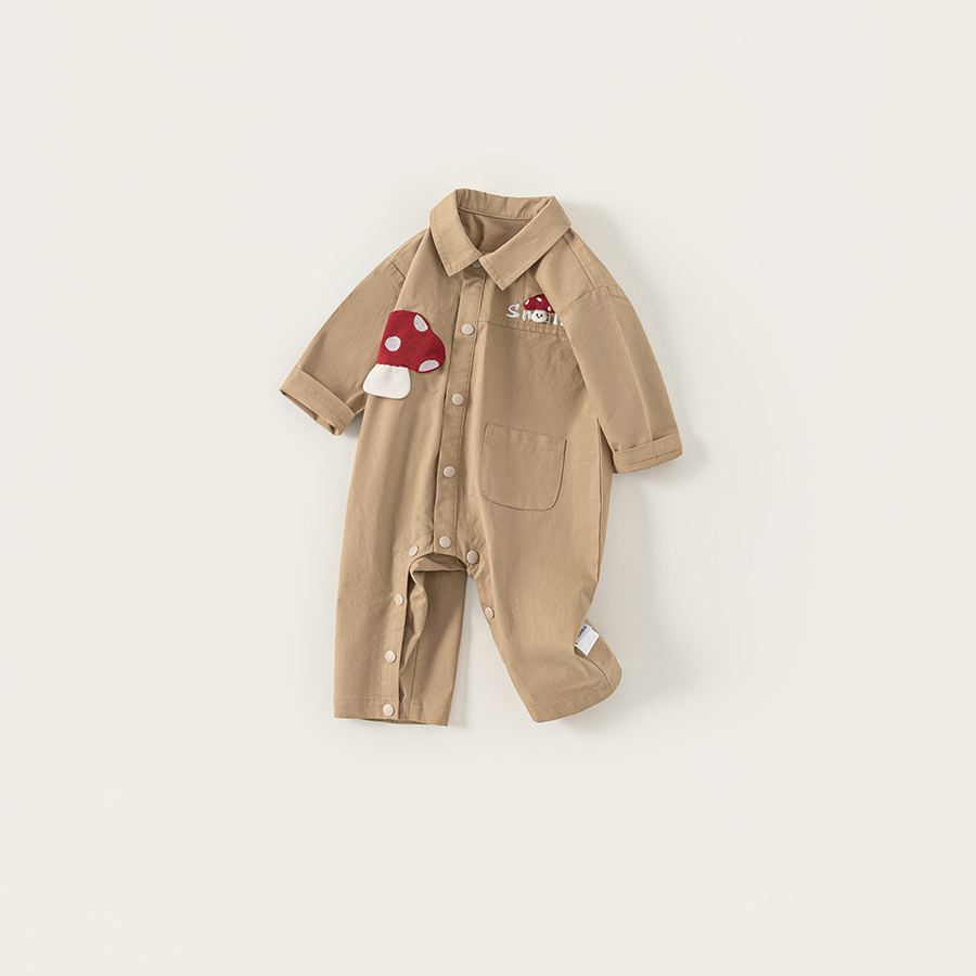 秋季新款新生兒衣服翻領長袖卡通蘑菇男寶寶連體衣男童爬服