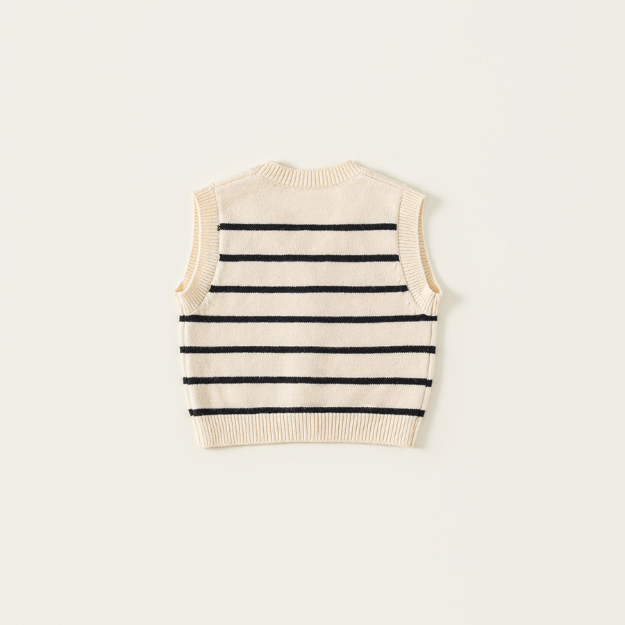 童裝新款秋裝小熊刺繡兒童上衣針織條紋無袖背心男童毛衣馬甲