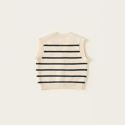 童裝新款秋裝小熊刺繡兒童上衣針織條紋無袖背心男童毛衣馬甲