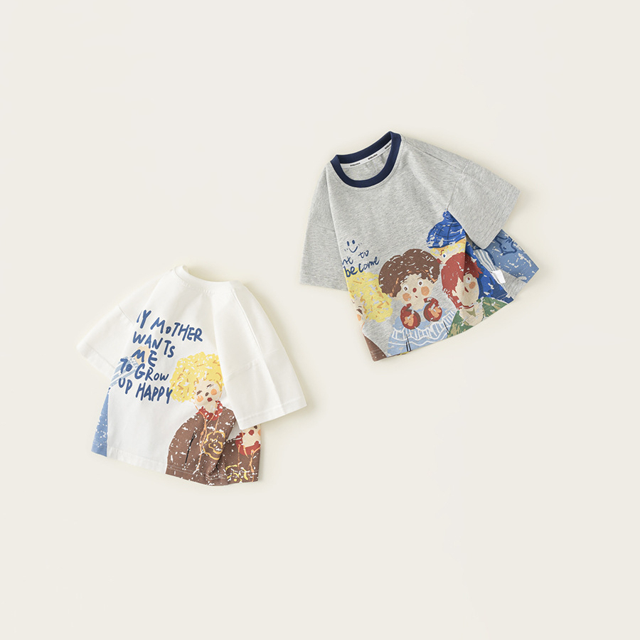 童裝男小童T恤2025年夏季新款圓領卡通印花撞色休閒短袖上衣