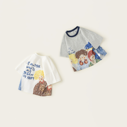 童裝男小童T恤2025年夏季新款圓領卡通印花撞色休閒短袖上衣