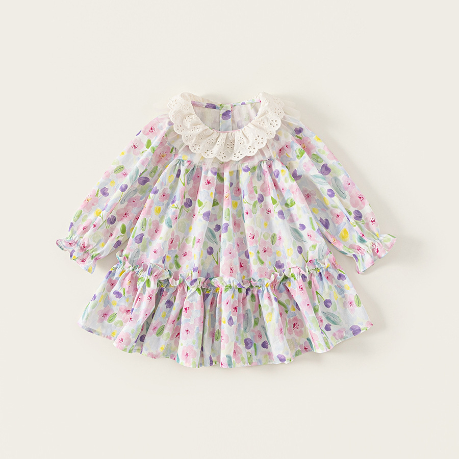 童裝女童連衣裙彩色寬鬆兒童裙子春季新品花邊領寶寶長袖裙子