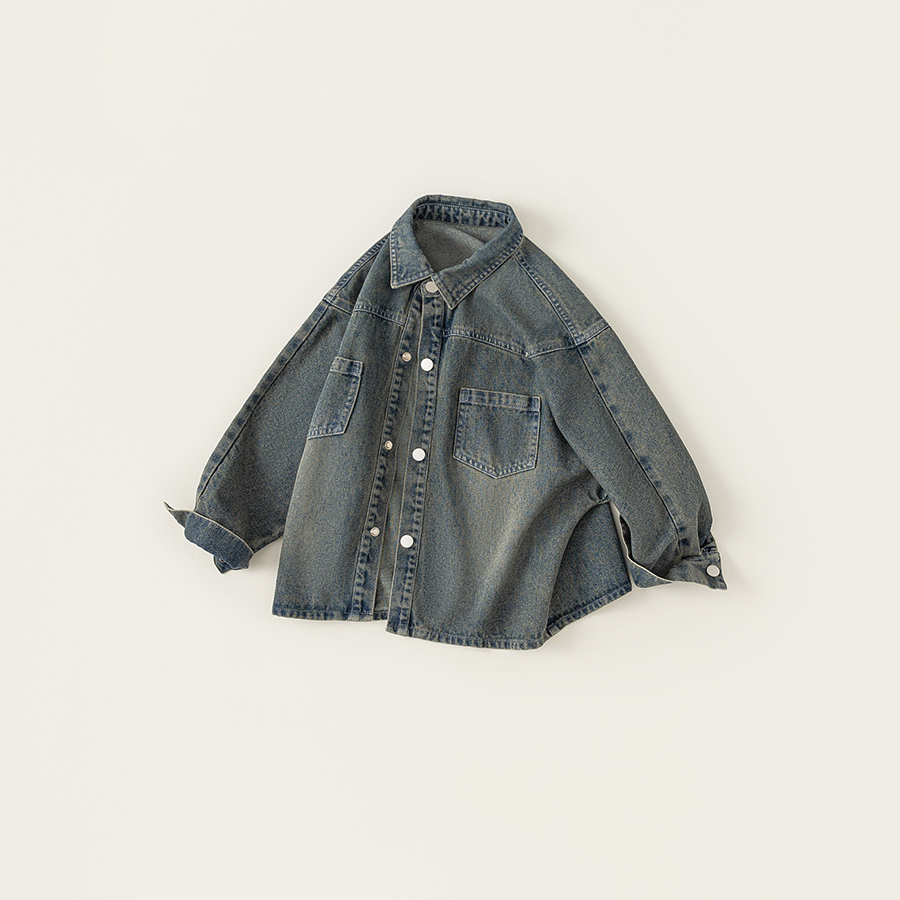 男童牛仔上衣中大童春秋款鉚釘做舊感復古外套男孩子長袖襯衫