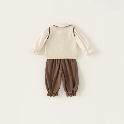 童裝女童秋裝新款套裝洋氣小熊毛衣馬甲花邊領襯衣長褲三件套