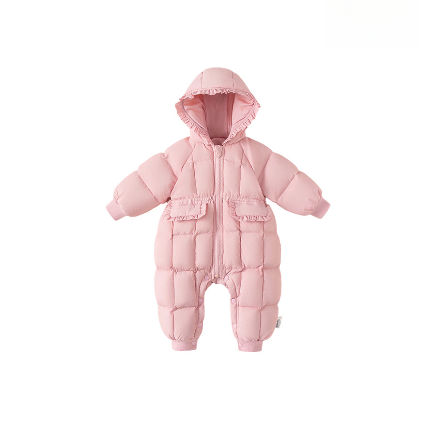 2025冬季女寶寶羽絨服純色花邊連帽兒童連體衣女童羽絨爬服