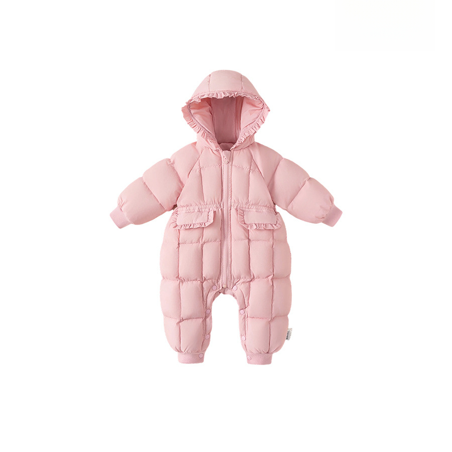 2025冬季女寶寶羽絨服純色花邊連帽兒童連體衣女童羽絨爬服