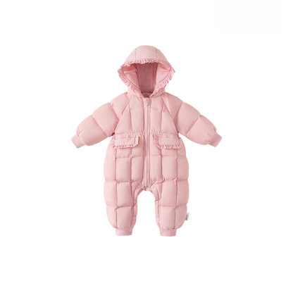 2025冬季女寶寶羽絨服純色花邊連帽兒童連體衣女童羽絨爬服