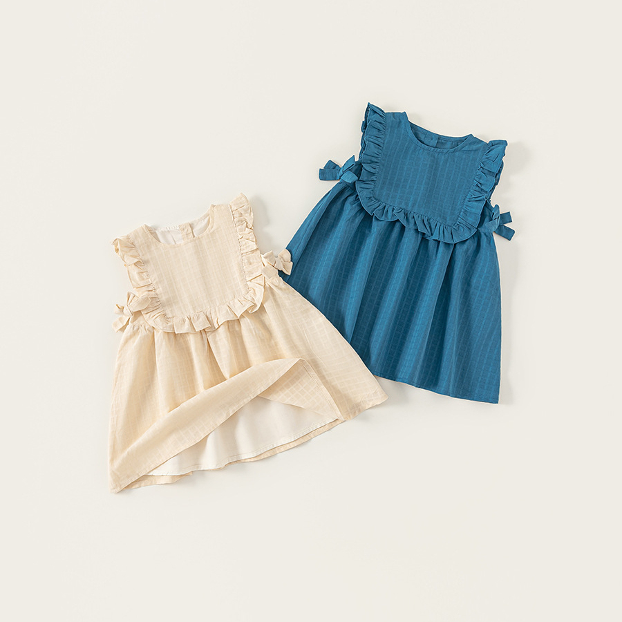 童裝夏季韓版女童無袖裙子兒童連衣裙純色甜美湖州織裏童裝