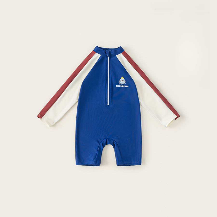 童裝夏季兒童游泳衣簡約印花長袖立領拼色連體泳衣男童泳裝