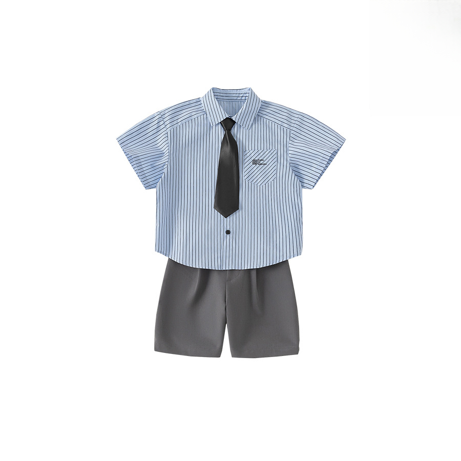 童裝夏季新款男童衣服套裝簡約休閒條紋襯衫休閒短褲兩件套