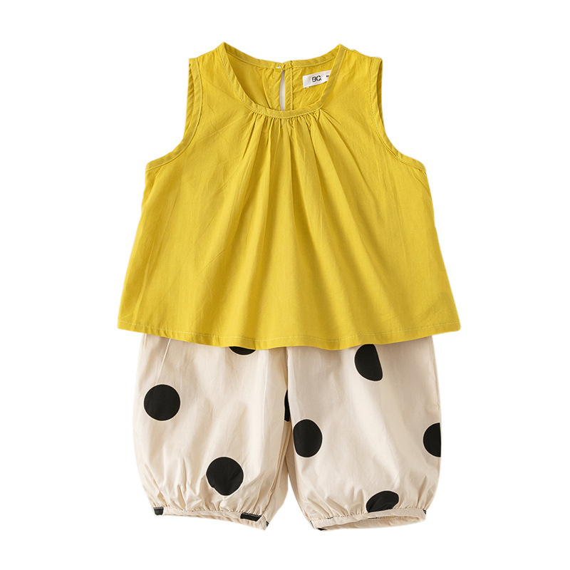童裝女童夏裝波點印花九分褲純色無袖上衣兩件套時尚套裝潮
