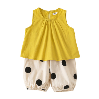 童裝女童夏裝波點印花九分褲純色無袖上衣兩件套時尚套裝潮