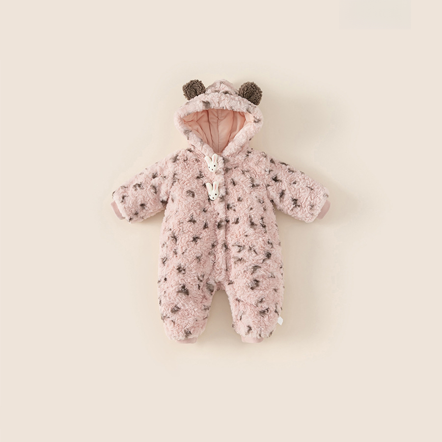 童裝女寶寶冬季保暖連體衣嬰兒加絨保暖毛毛衣豹紋寶寶衣服