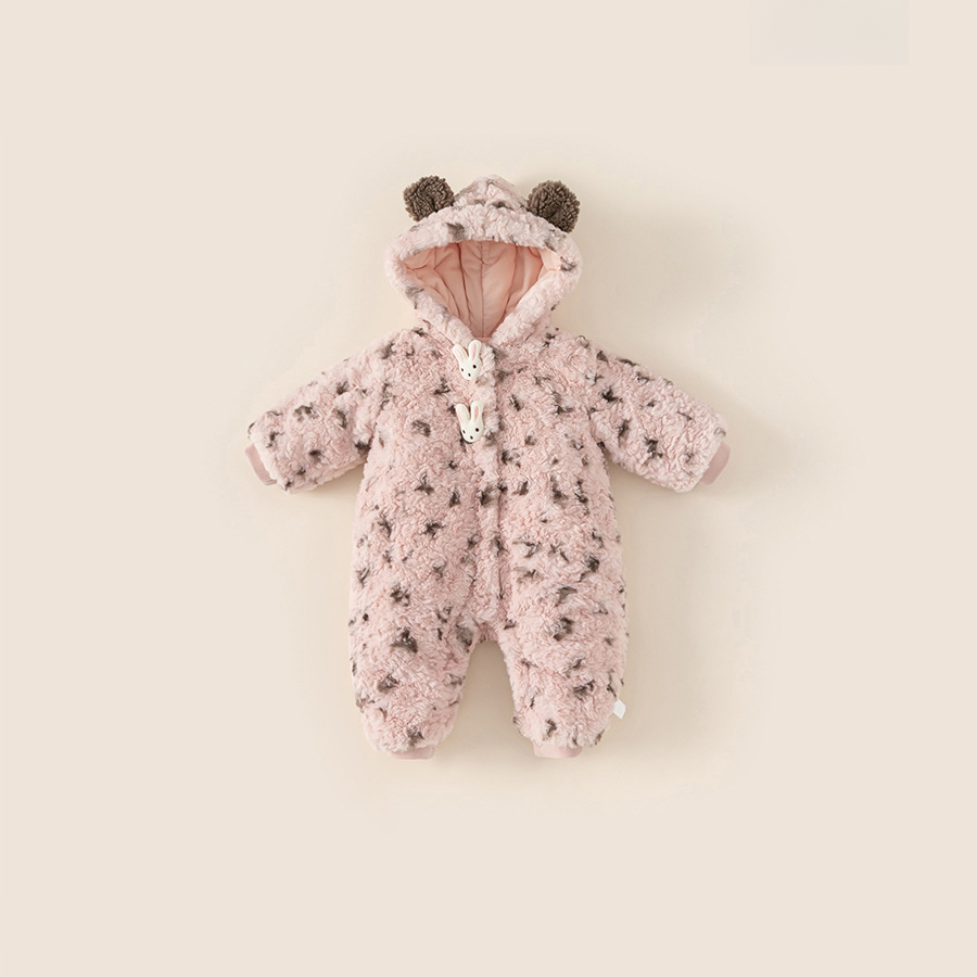 童裝女寶寶冬季保暖連體衣嬰兒加絨保暖毛毛衣豹紋寶寶衣服