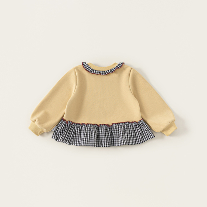 童裝女童上衣格子拼接兒童衛衣印花圓領中小童套頭衫春季新品