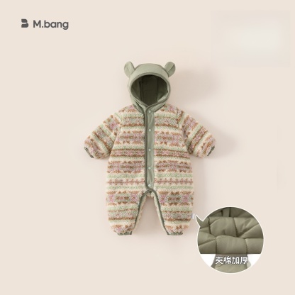 嬰幼兒外出服冬季新品寶寶連體衣服兒童拼接花色連帽爬服