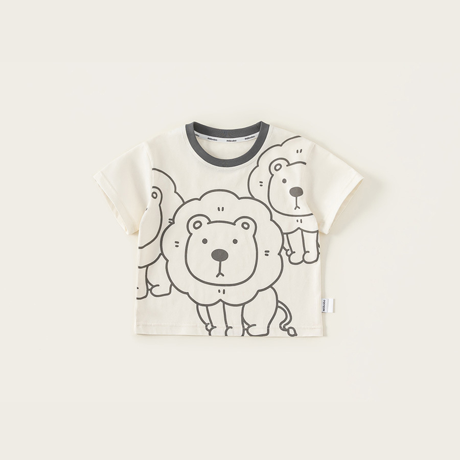 童裝夏季新品寬鬆上衣男童撞色圓領衣服卡通獅子印花短袖T恤