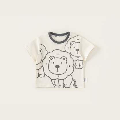 童裝夏季新品寬鬆上衣男童撞色圓領衣服卡通獅子印花短袖T恤