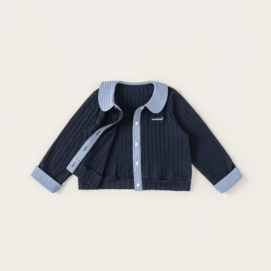 童裝女童襯衫春季新品格子拼接兒童上衣可愛娃娃領女孩子衣服