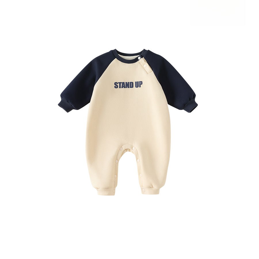 童裝秋冬裝嬰兒連體衣寶寶撞色插肩袖長袖哈衣寶寶保暖爬服