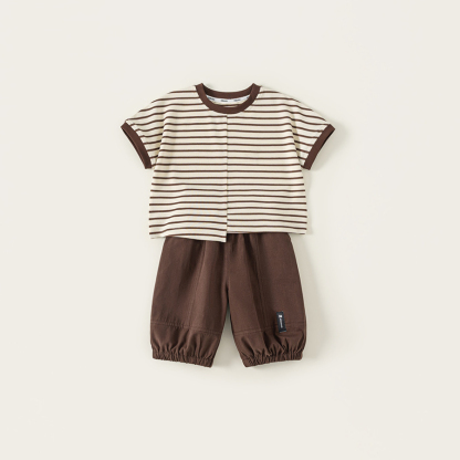 童裝男孩子夏款短袖套裝條紋上衣男童休閒褲兩件套兒童服裝