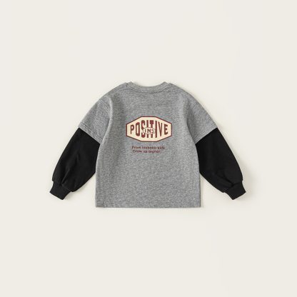 童裝兒童秋季上衣假兩件T恤拼色衣服男孩子繡標內搭男童長袖