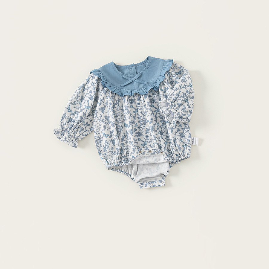 童裝新款女寶寶衣服洋氣碎花秋裝兒童連體衣花邊領女童爬服