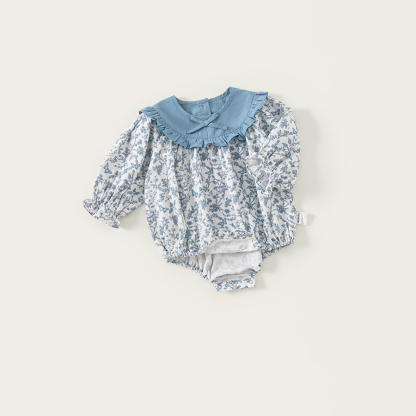 童裝新款女寶寶衣服洋氣碎花秋裝兒童連體衣花邊領女童爬服