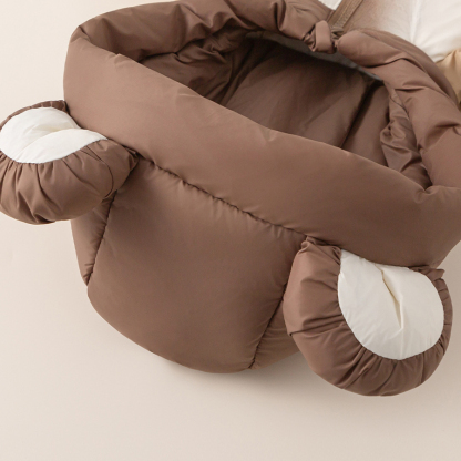 2025新品冬季衣服女寶寶上衣拼色小熊連帽兒童外套男童羽絨服