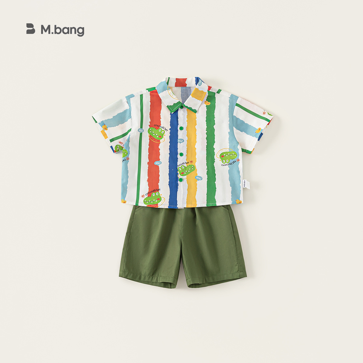 童裝休閒翻領卡通印花襯衫純色休閒短褲兩件套男童夏季套裝