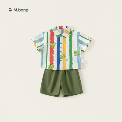 童裝休閒翻領卡通印花襯衫純色休閒短褲兩件套男童夏季套裝