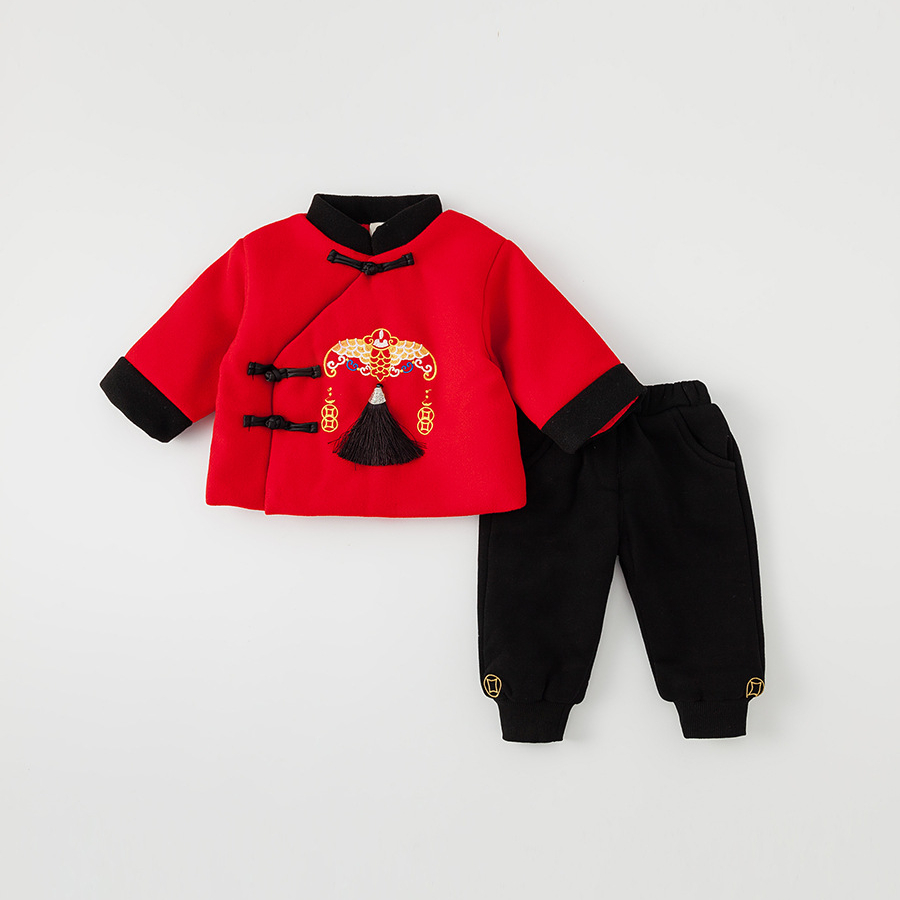 童裝兒童套裝冬季國風男女童加厚兒童新年衣服兩件套