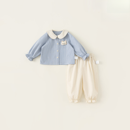 童裝女寶寶襯衫長褲兩件套25春季新款女童娃娃領格子上衣套裝